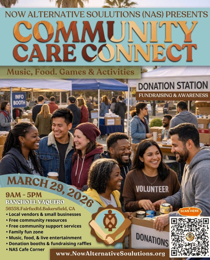 Flyer for Community Care Connect 2026 featuring a diverse group of smiling community volunteers.