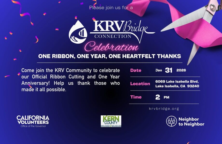 KRV Bridge Connection Celebration flyer for the one year anniversary and ribbon cutting in Lake Isabella.
