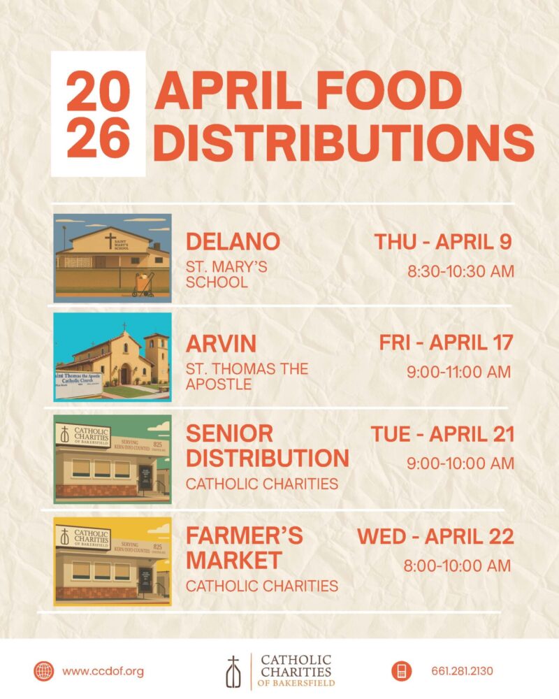 Flyer for the Catholic Charities Food Distribution in April 2026